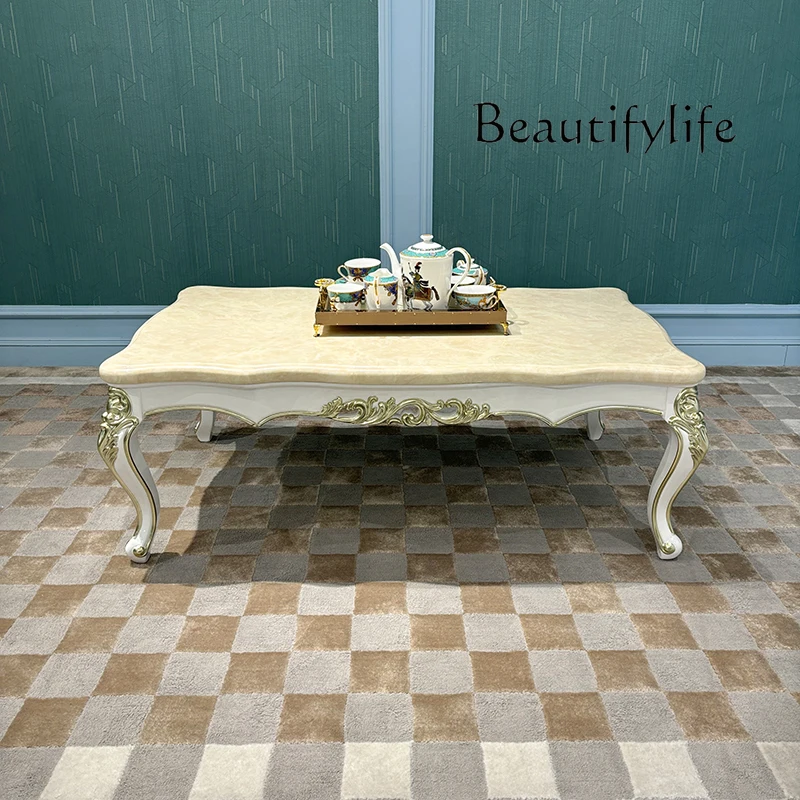 طاولة قهوة كبيرة من الخشب الصلب الفرنسي لغرفة المعيشة الأوروبية طاولة شاي رخامية شقة صغيرة طاولة شاي كلاسيكية جديدة منحوتة