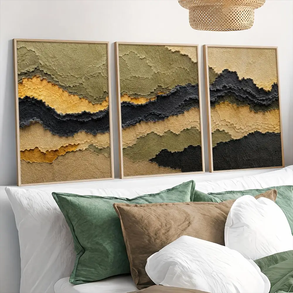 Abstract Layered Earth Tone Texture Painting Calligraphy 3 PCS Canvas Poster Set Wall Art for Bedroom Living Room Home Decor