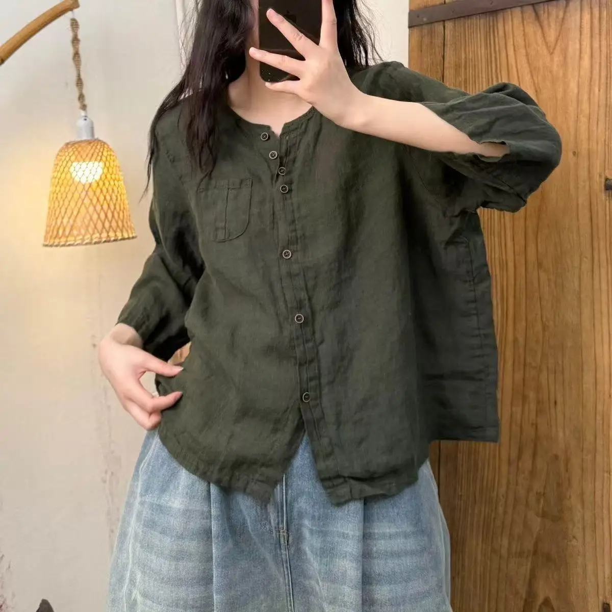

Retro Cotton Linen round Neck Shirt Women Summer New Artistic Loose Versatile Youthful Seven Sleeve Flax Top