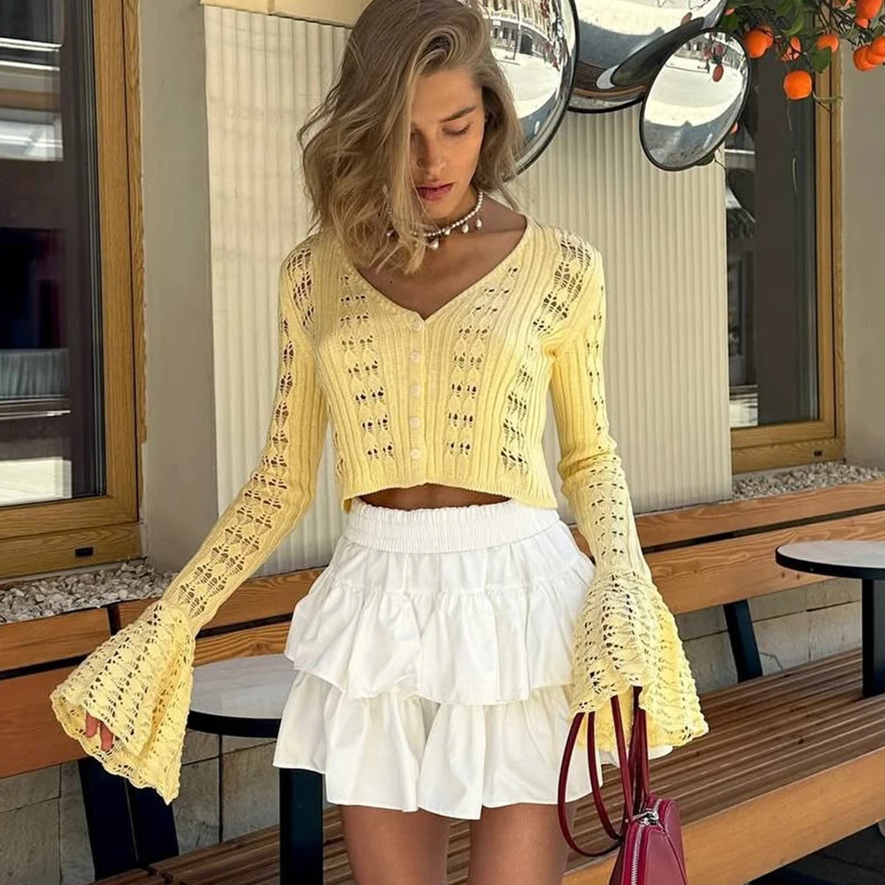 

Elegant Hollow Out Knitted Shirt Spring Summer Women's Casual Loose Wear Preppy Style Flare Sleeve Knit Top