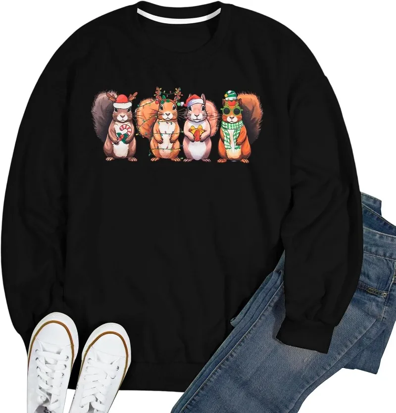 JINTING クリスマスプルオーバー 女性用 リス クリスマスライト スウェットシャツ かわいいクリスマスグラフィック 長袖プルオーバー 冬用パーカー