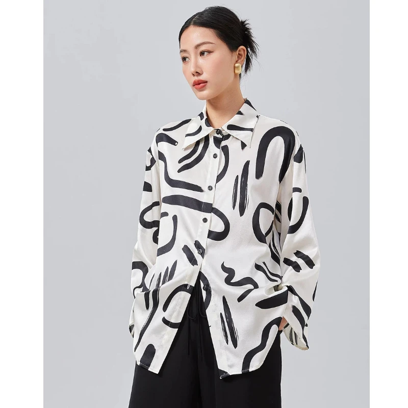 

Women Mulberry Silk Shirt Abstract Art Print Lapel Long Sleeve Blouse Loose Oversized Contrast Color Office Commuter Silk Top