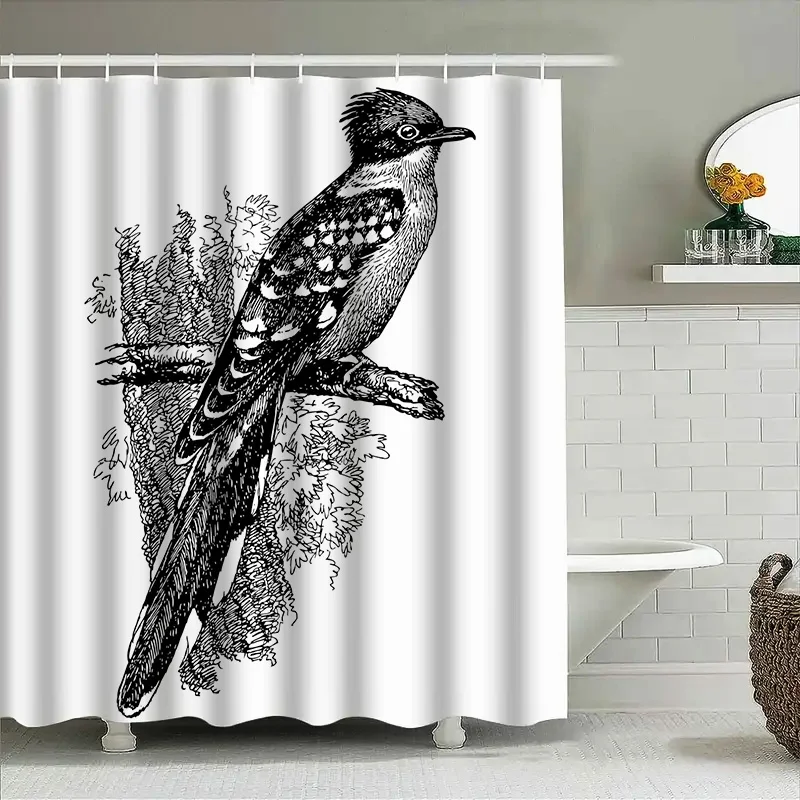 

Vintage Birds Shower Curtain Black White Plaid Bath Decor Waterproof Fabric Shower Panels for Home Decoration in Bathroom Acce