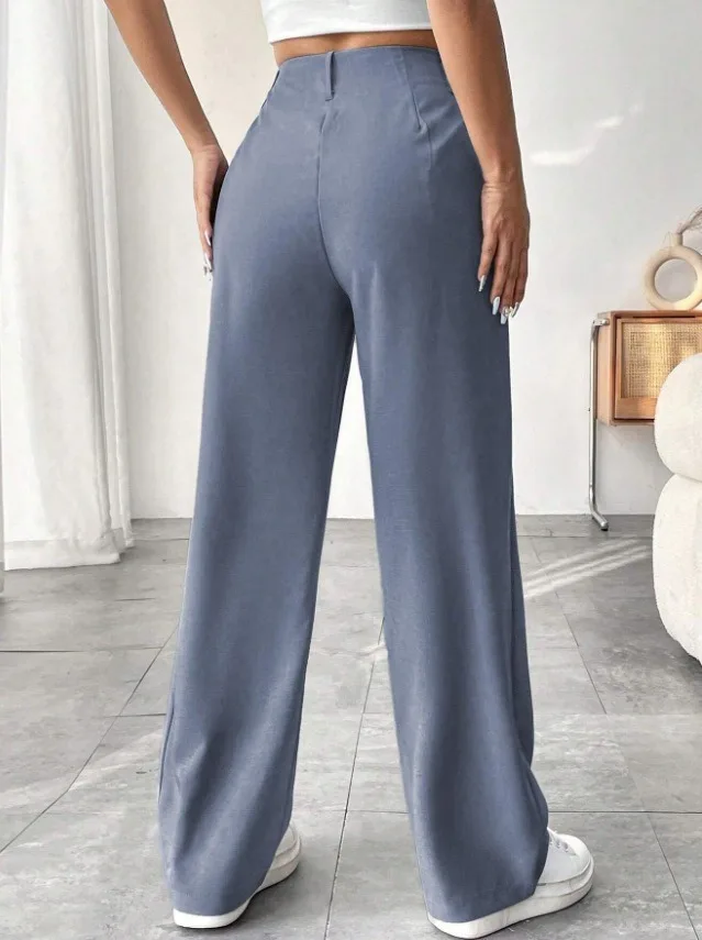 Damen High-Waist Straight-Leg Hosen Slim Fit Einfarbige Plissierte Anzughosen mit Taschen Büro Klassische Freizeithosen – Detail 5