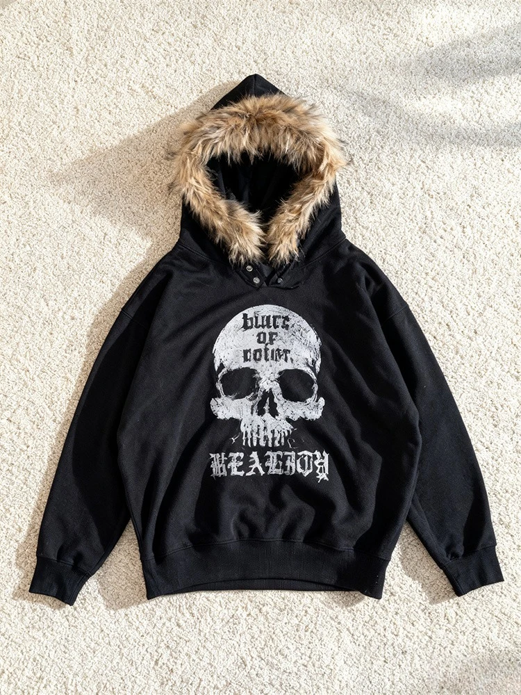 

Vintage American Retro Hoodie Women Fluffy Skull Print Y2K Vingate Sweatshirt Fashion Streetwear Hot Girl Cropped Pullover Tops
