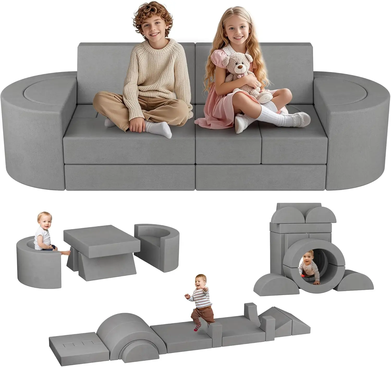

Grey Modular Kids Play Couch Convertible Foam Cushion Child Sectional Sofa Boys Girls Playroom Bedroom