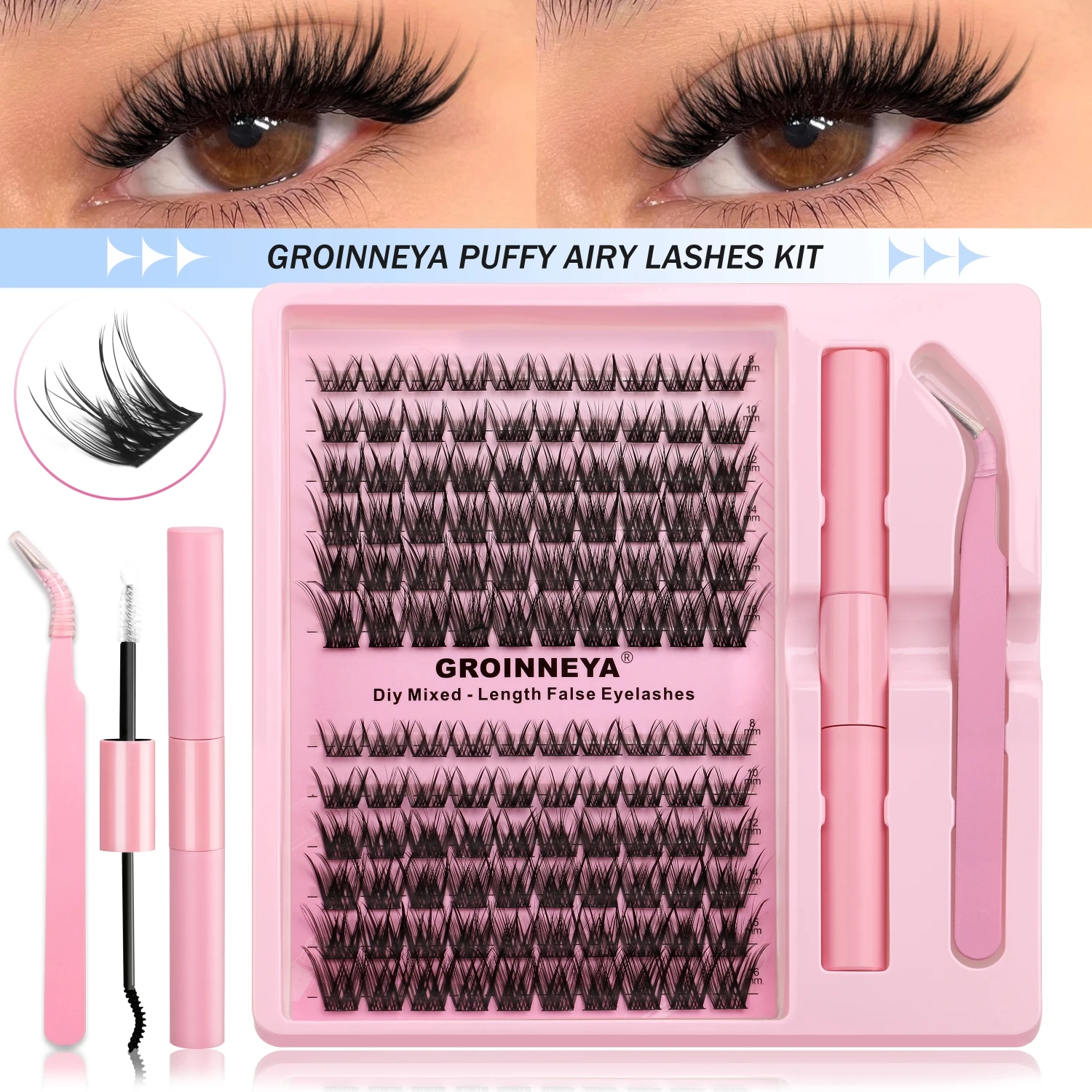 GROINNEYA Kit grappoli per ciglia Ciglia per gatti con legame per ciglia e sigillo Cluster Estensioni ciglia Kit grappole per ciglia fai da te Fai da te a casa