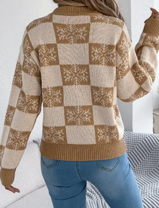 Round Neck Snowflake Checkered Embroidered Pattern Knitted Sweater for Autumn and Winter Women's Casual Knitted Sweater