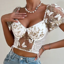 Puff Sleeve Crop Tops For Women Short Sleeve Mesh Embroidery Patchwork Boho Spring Floral V Neck Tee Shirts Corset Tops