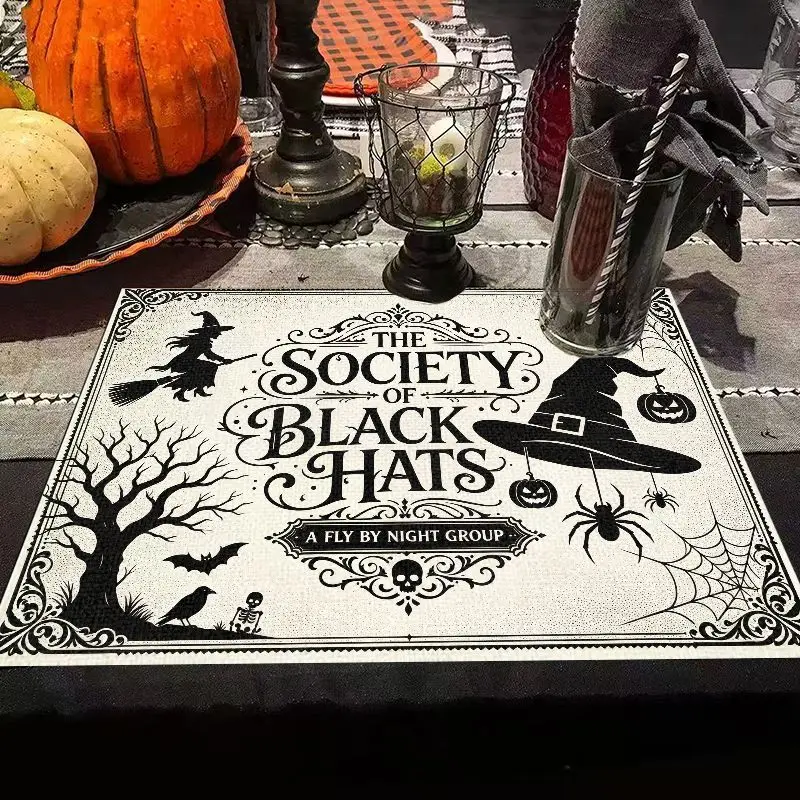 VIKAMA Society of Black Hats Halloween Placemat Witch Bat Pumpkin Print Linen Gothic Spooky Dinner Party Decor