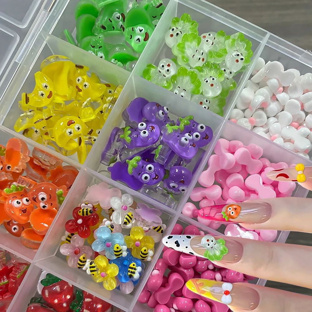 

12Grids 3D Dopamine Fruits Vegetables Bow Nail Charms Cartoon Resin Strawberry Bee Nail Art Decoration Mixed Manicure Accessorie