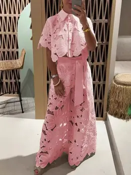 女士短袖襯衫上衣+繫帶褲兩件蕾絲刺繡套裝2025新款復古鏤空氣質套裝 6 最佳銷售 女士特爾諾服裝 - №4