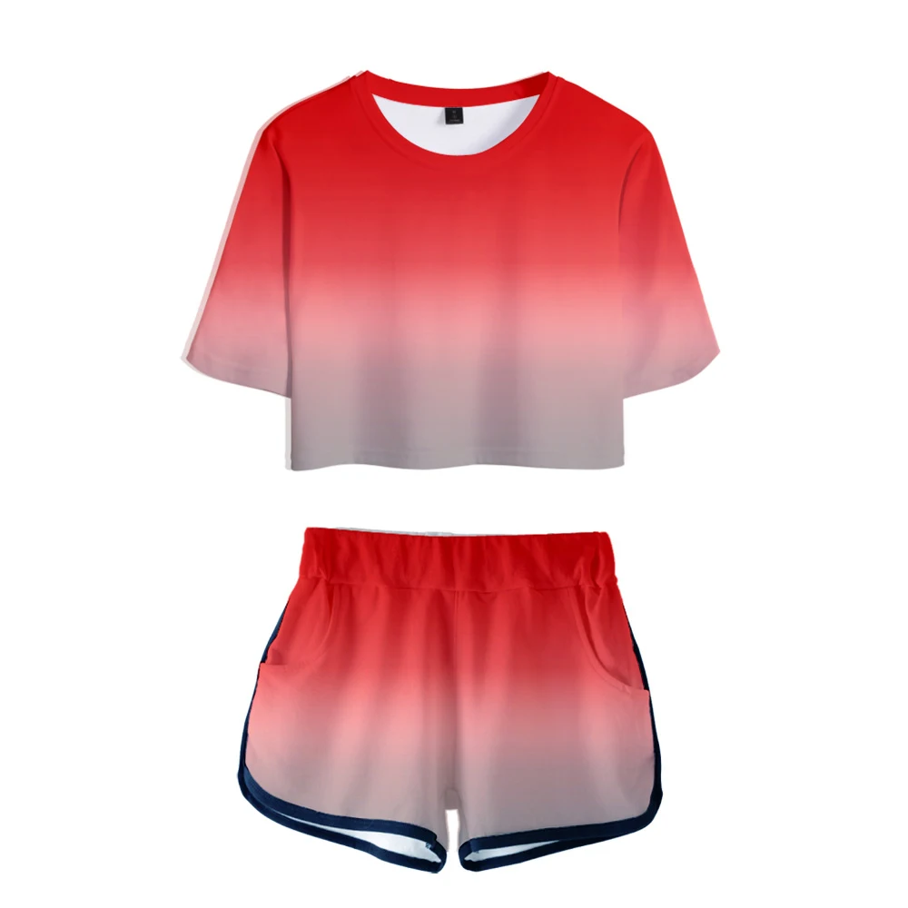 Creative Gradient Color Tracksuit Female Two Piece Set Summer Short Sleeve Crop Top+Shorts Y2K Kawaii Women Clothes