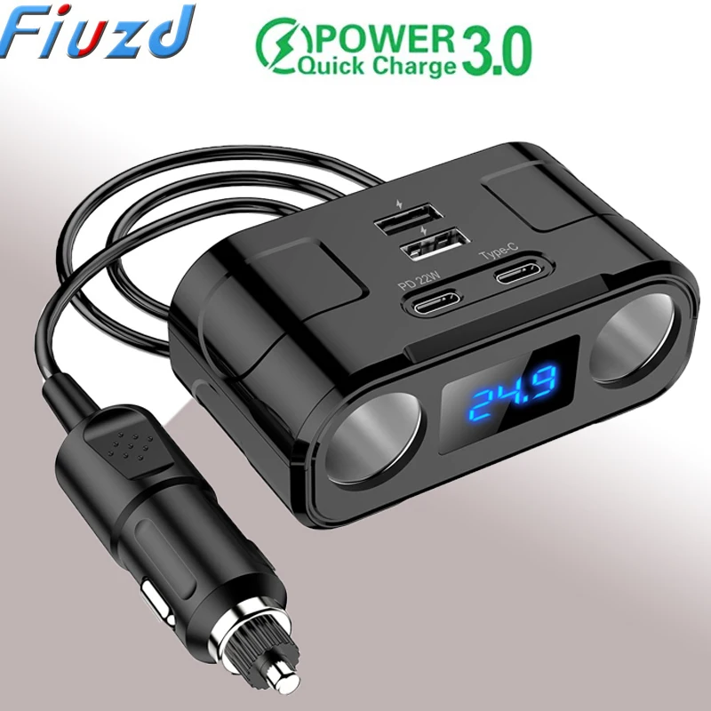 6in1 Cigarette Lighter Splitter QC3.0+PD Car Charger Digital Display Phone Charger 12V-24V 60W Adapter Car Accessories