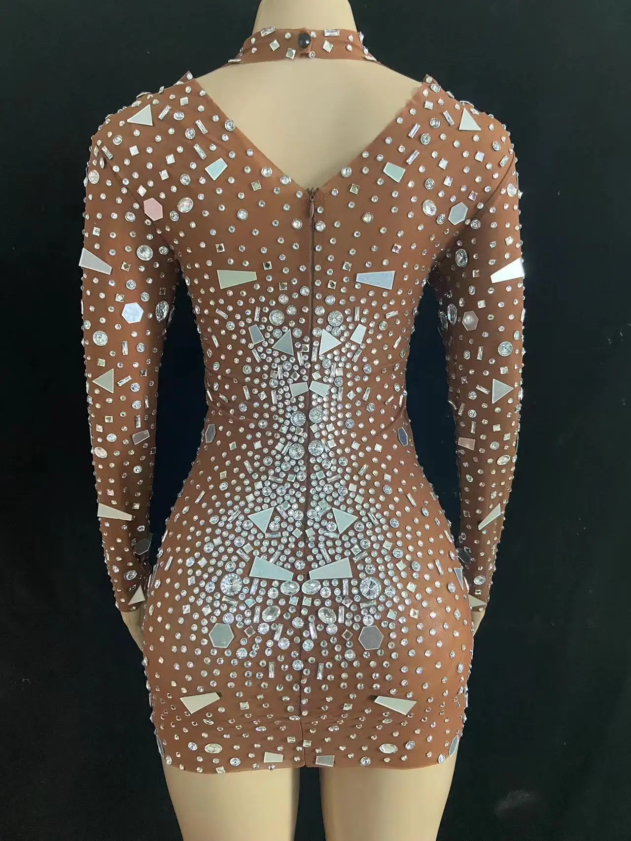 Vestido corto con diamantes de imitación para mujer, traje Sexy de malla transparente con espejos brillantes, ropa de escenario para fiesta de noche y cumpleaños