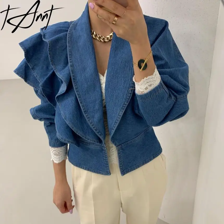 

Tannt Women Shirt Long Sleeves Irregular Ruffles Denim Blouse Tops Asymmetry Blue Casual Vintage Summer Shirt Women 2023 New