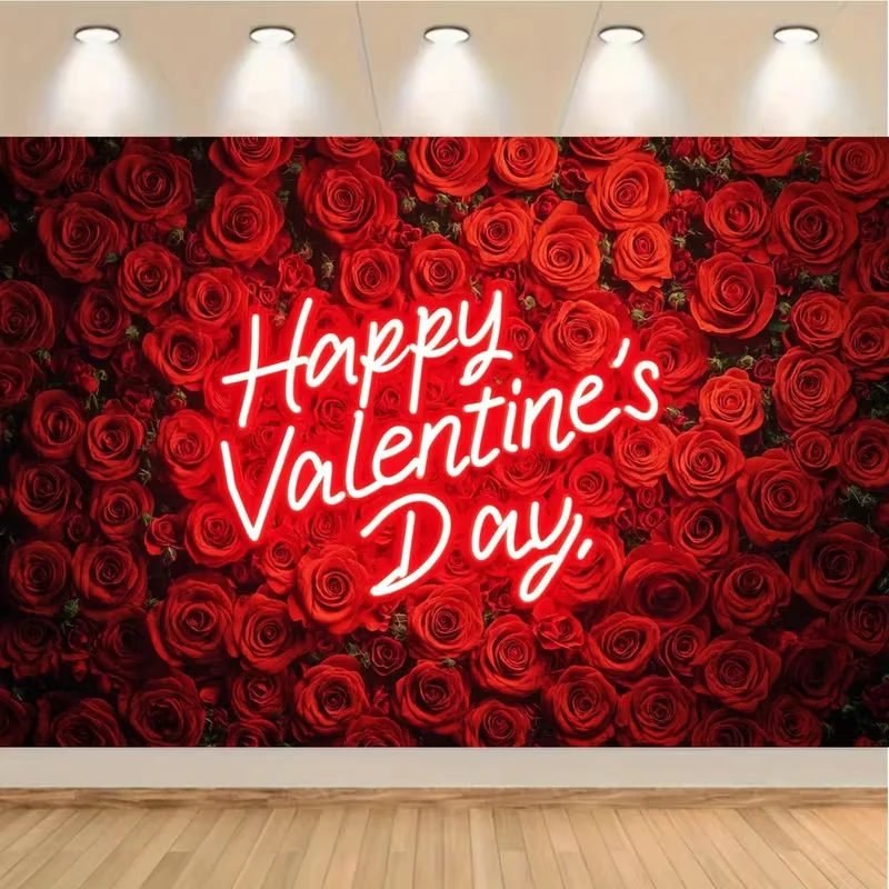 1PCS Digital Print Tapestry, Valentine's Day Neon Sign Red Rose Flower Wall Background, Romantic Glowing Red Floral Style for Be