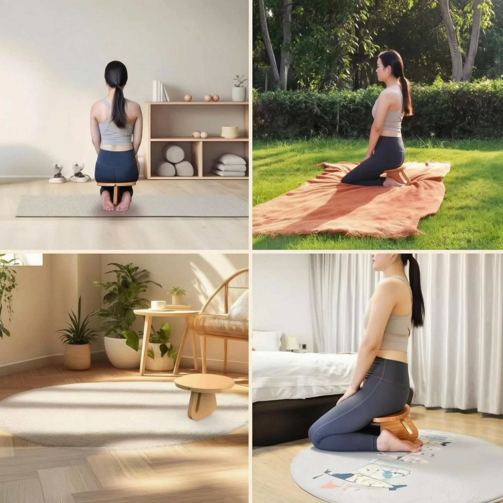 Tabouret de méditation en bois naturel, mobilier d'assise en deux parties pour l'entraînement à l'équilibre