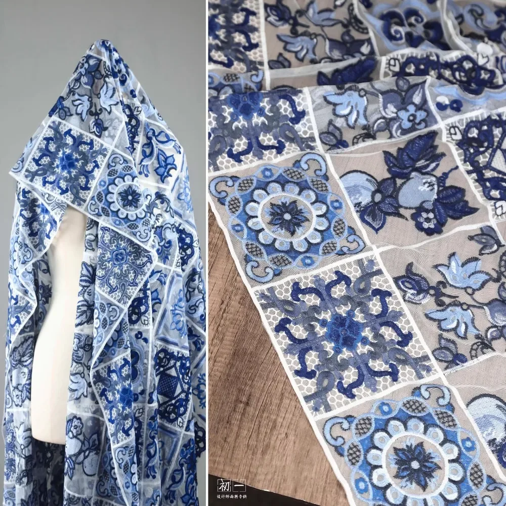 Unique Chinese Style Blue and White Porcelain Check Embroidery Net Fabric for Dressmaking and Home Decoration