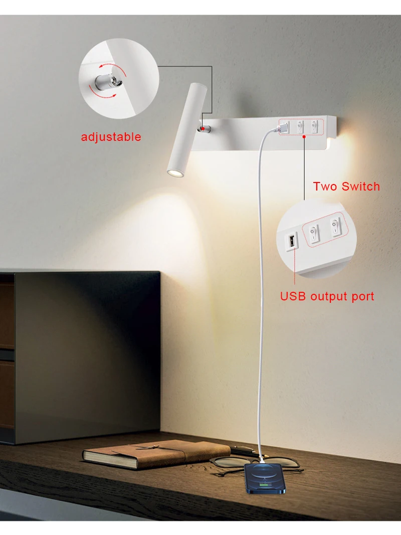 Bedside Reading Wall Lamp Nordic Modern LED Wall Light With Switch USB Indoor Lighting Room Decor For Bedroom Living Room Sconce