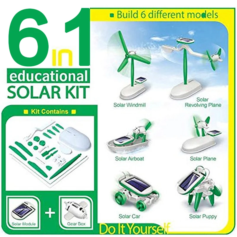 Energía renovable con nuestro juguete Solar seis en uno, regalo educativo, Kit de bricolaje, construir Avión de energía, barco, coche, tren, modelo