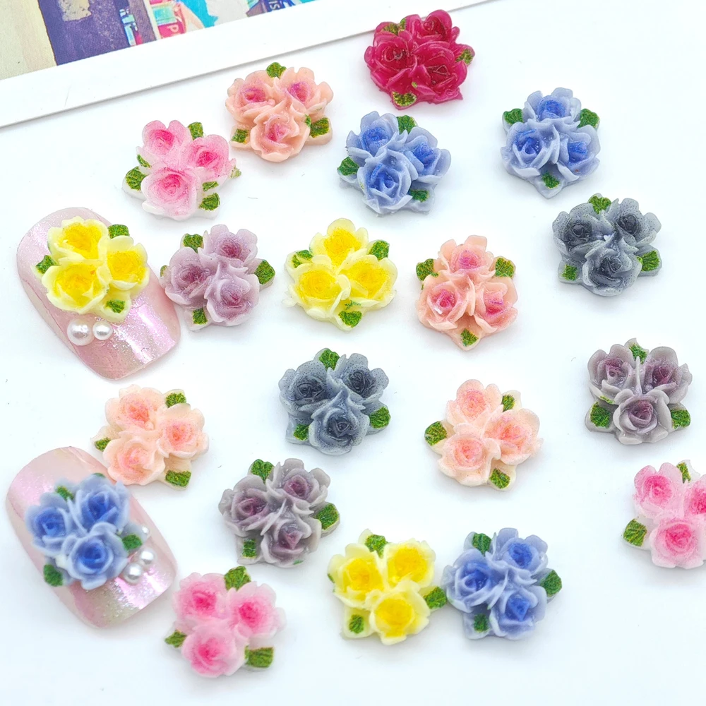 30pcs 3D Bouquet Flower 3 Rose Camellia Nail Charm Accessories Mixed Color DIY Flat Bottom Flower DIY Nail Decoration Supplies