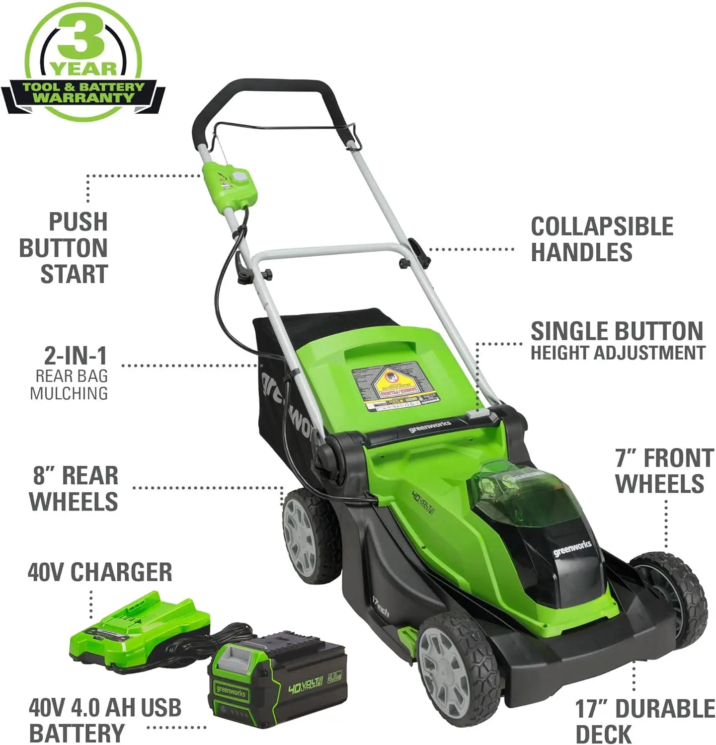 

40V 14" Cordless Lawn Mower / Blower Combo Kit, 4.0Ah USB Battery and Charger Included