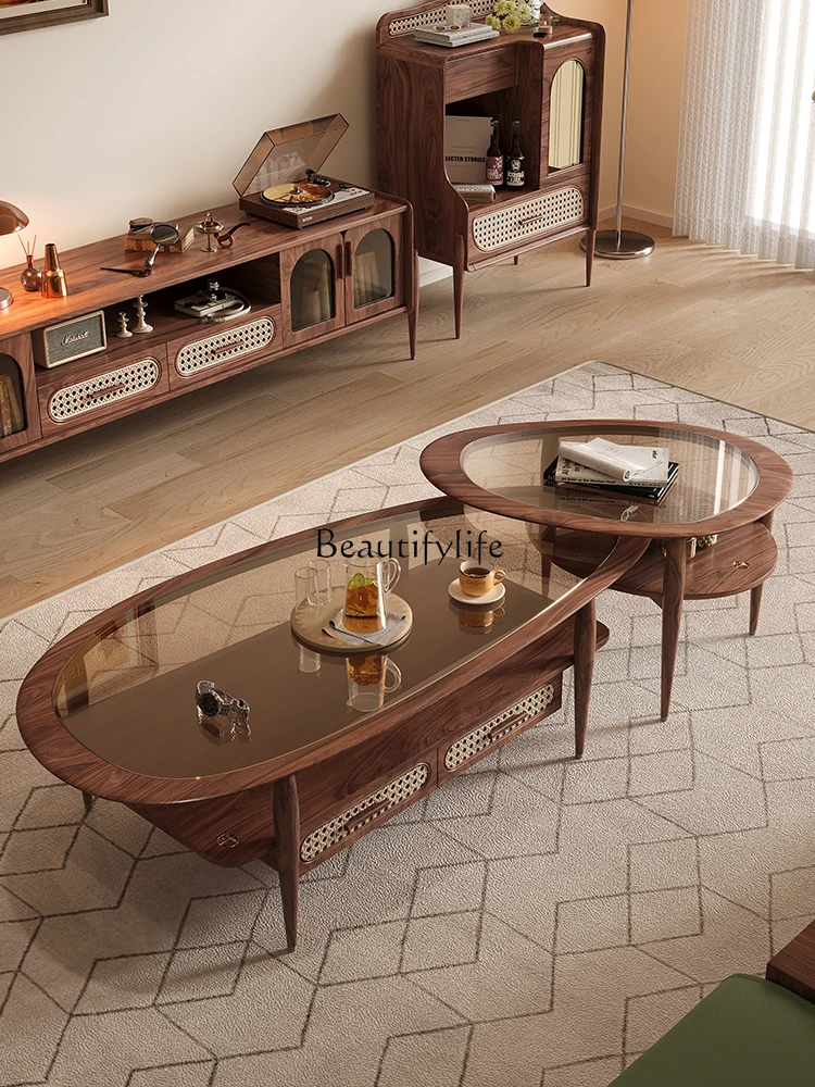 Black Walnut Solid Wood Glass Size round Combined Tea Table Living Room Retro Small Apartment