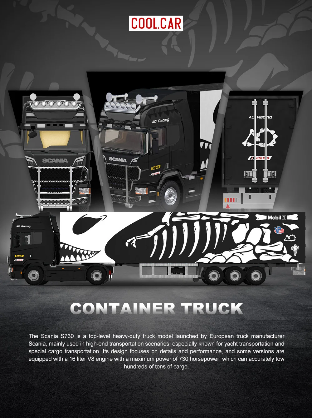 

1/64 Scania Container Allot Model Truck Skeleton Bone Dragon Painted Diecast Model Alloy Vehicle for Collection Gift