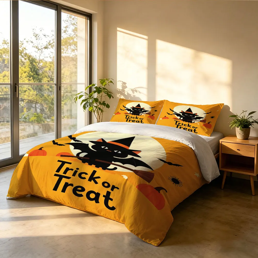 3PCS Happy Halloween Printed Quilt Set with No Core 1 Quilt Set, 2 Pillowcases, Bedroom Bedding, Machine Washable Decoration