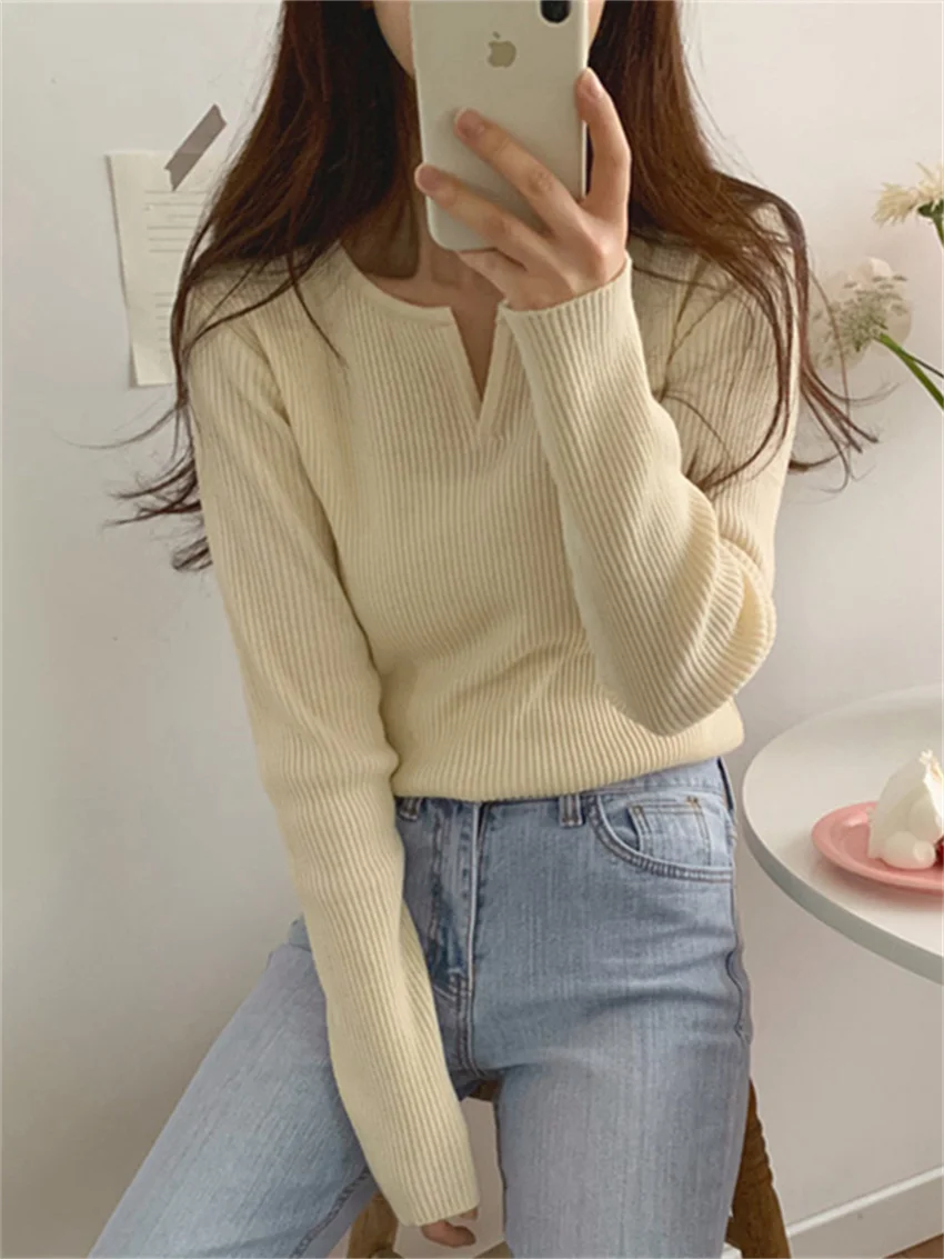 Alien Kitty Vintage Hot Solid V-Neck 2022 Sweet Causal Clothe Slim All Match Stylish Women New Sweater Streetwear Basic Tops