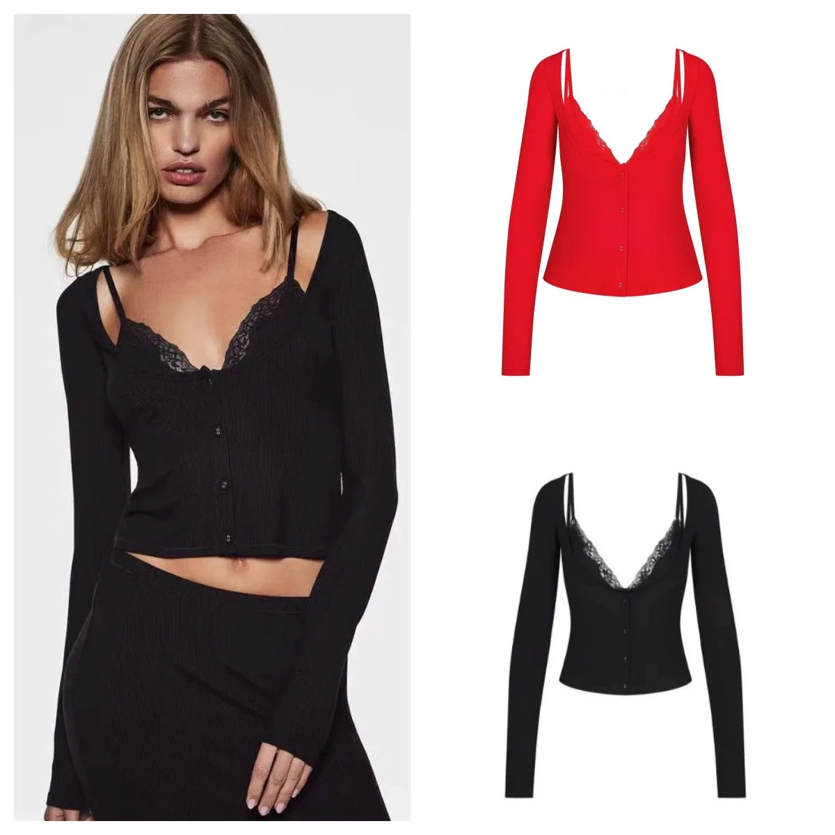 

Сексуальная кружевная блузка с длинным рукавом, имитация двухслойности, мягкая, легкая, чувственная, вязаная, тонкая, осенняя коллекция 2024, женская