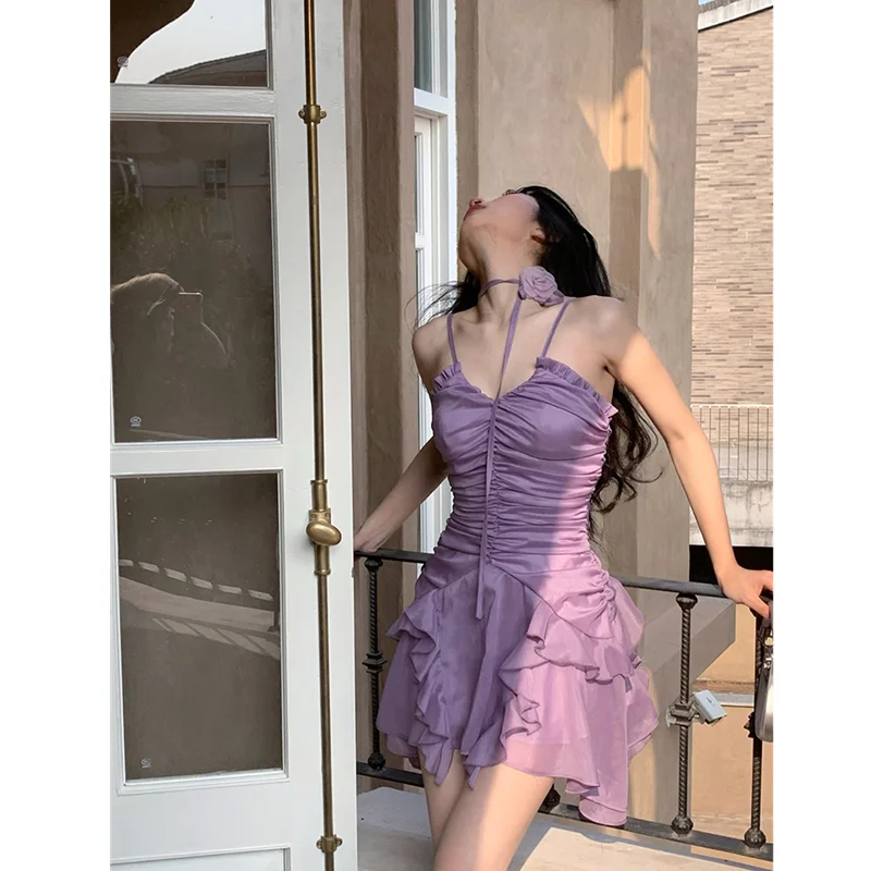 2023 Summer Women\'s Dress Sexy Fashion Suspender Short Irregular Skirt Dress Purple Shoulder Backless Chiffon Dresses for Women