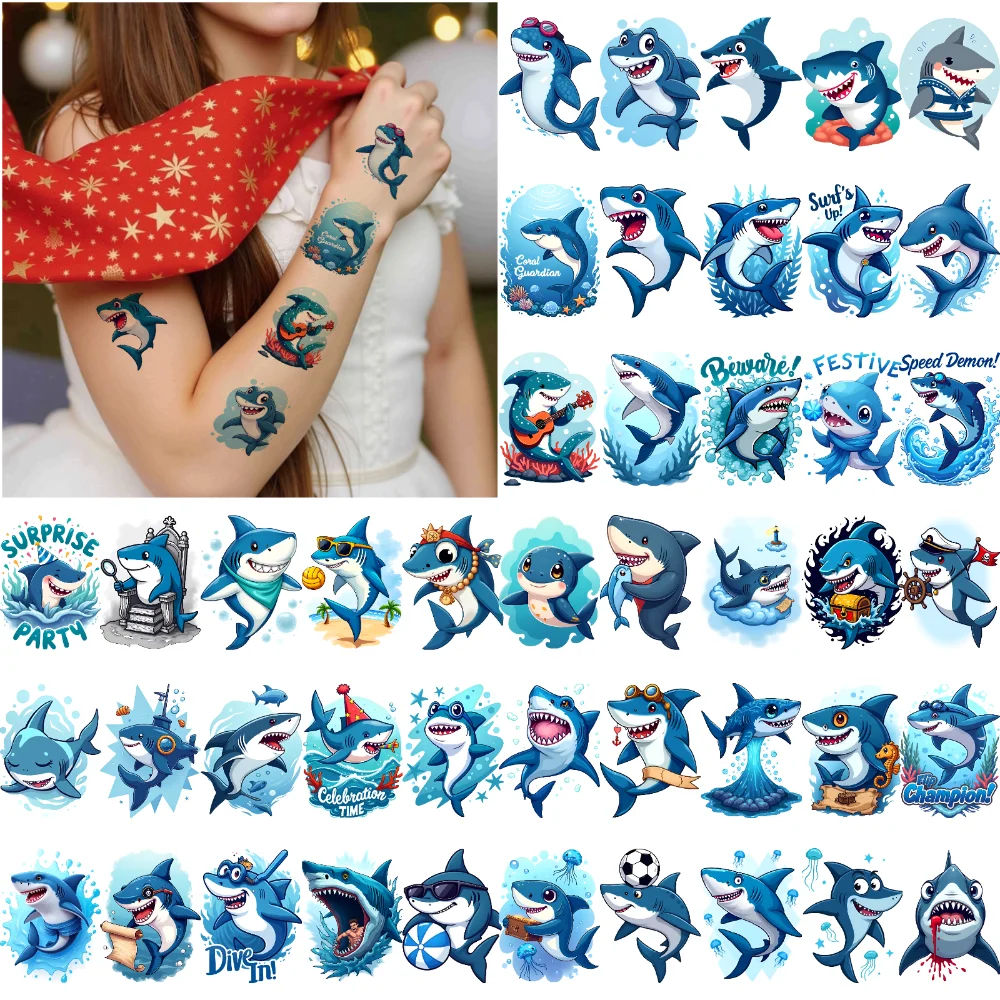

63pcs Temporary Tattoo Shark Cartoon Pirate Shark Santa Shark Temporary Tattoo Stickers For Men Women Children