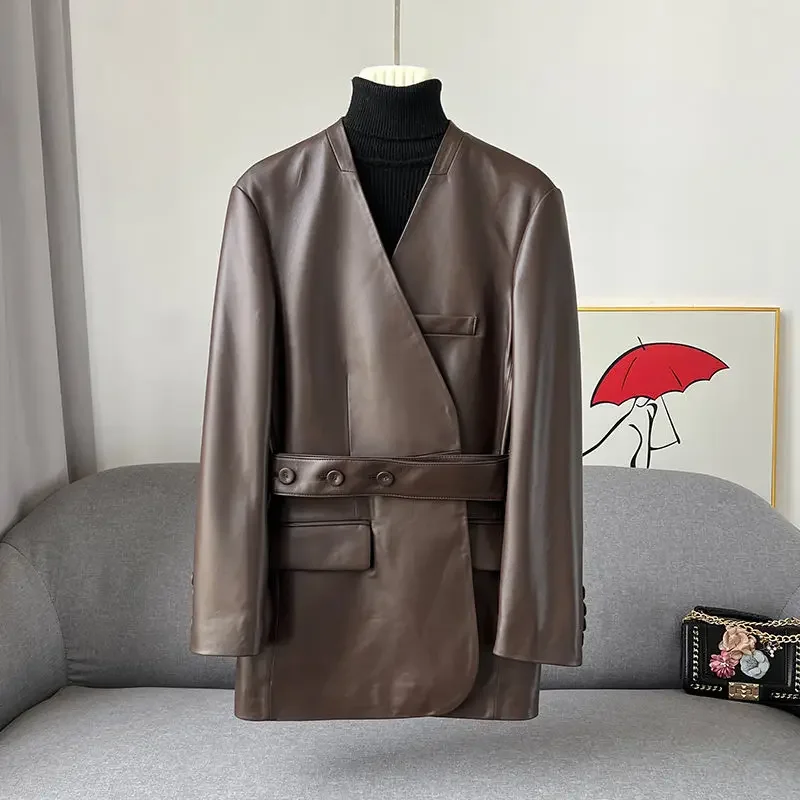 French Elegant Luxury Pu Leather V-neck Long Sleeve Slim Waist Loose Straight Female Jackets Office Ladies Blazer Coats Jackets