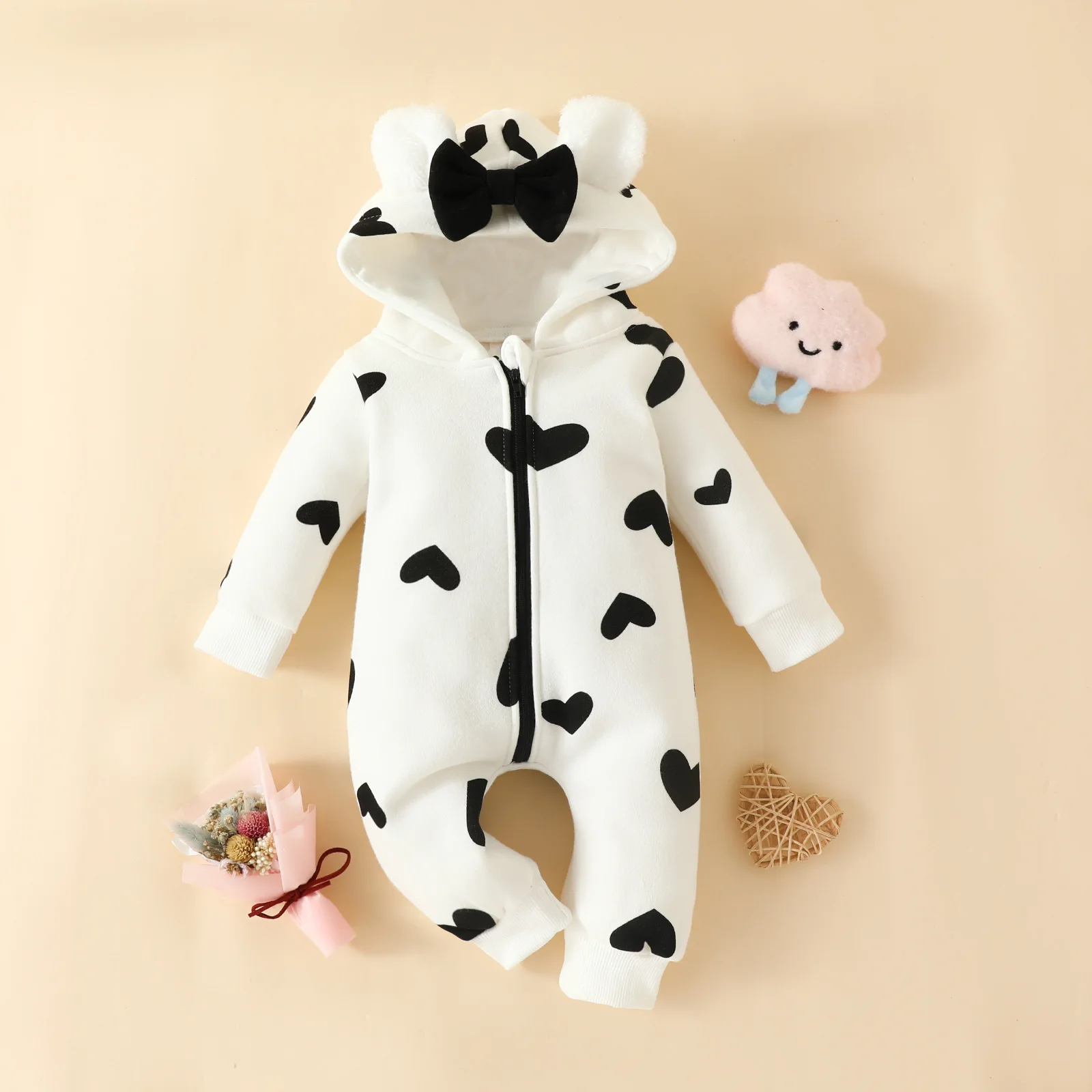 

Somenie Newborn Baby Hooded Bodysuit for Autumn &Winter Clothing Girl's Cute Bow Thickened Onesie 0-3-6-9M Baby Outwear