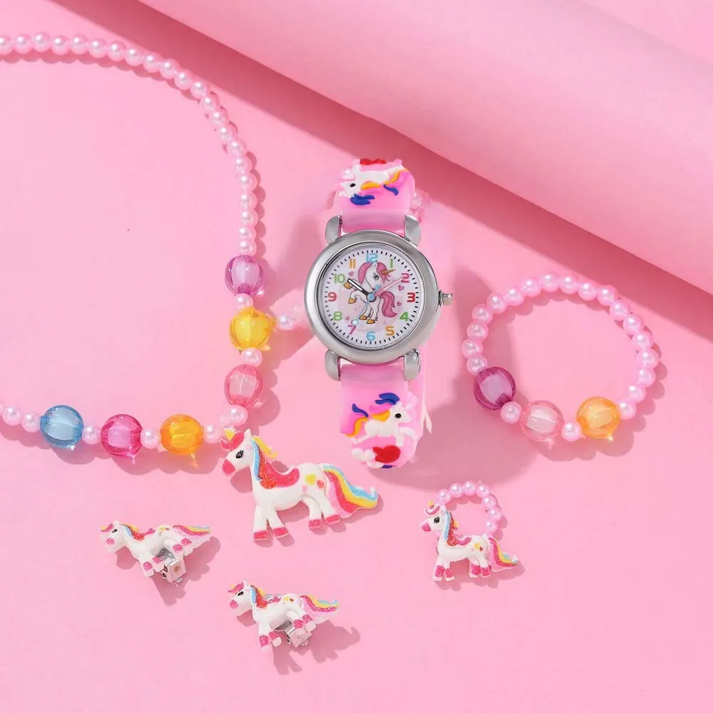 Kegllect 6 pièces enfants licorne montre ensemble dessin animé garçons et filles montres à Quartz cadeau pour enfants collier Bracelet anneaux