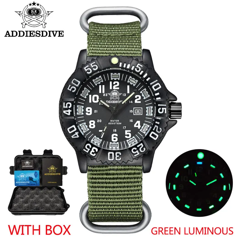 

ADDIES Top Brand Men's Sports Watch Military Luxury Rotating Bezel Luminous Watch Nylon Strap 50m Waterproof Quartz Dive Watch