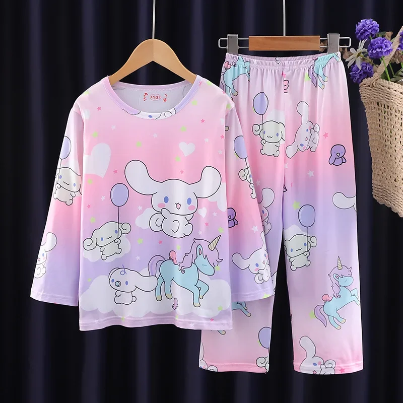 Anime Sanrios Kuromi Cinnamoroll Kids Pajamas Suit Girls Long-Sleeved Cartoon Home Clothes Fall Winter Kids Sleepwear Clothes