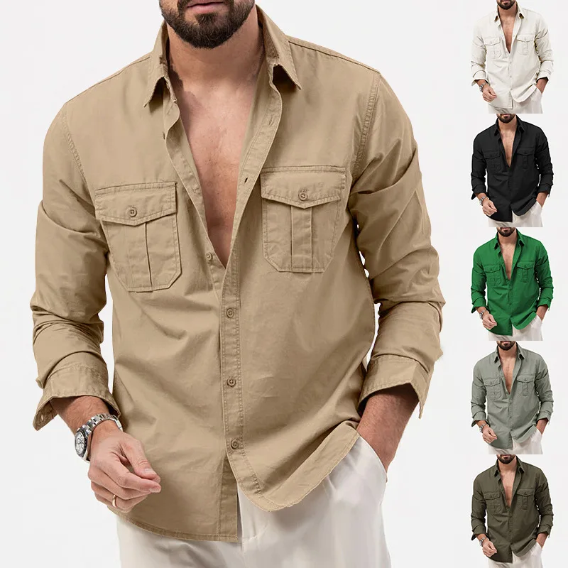 

Men's Long Sleeve Shirt Double Pocket Point Collar Casual Fashion Polyester Blend Fabric American Style Pure Color 2023 Autumn