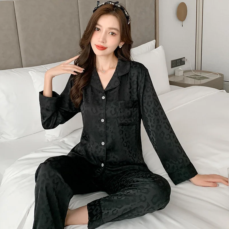 Women\'s 2 Piece Pajamas Sets Leopard Black Pijama Faux Silk Satin Lapel Pyjama Female Sleepwear LongSleeve Shirt Pants Homewear