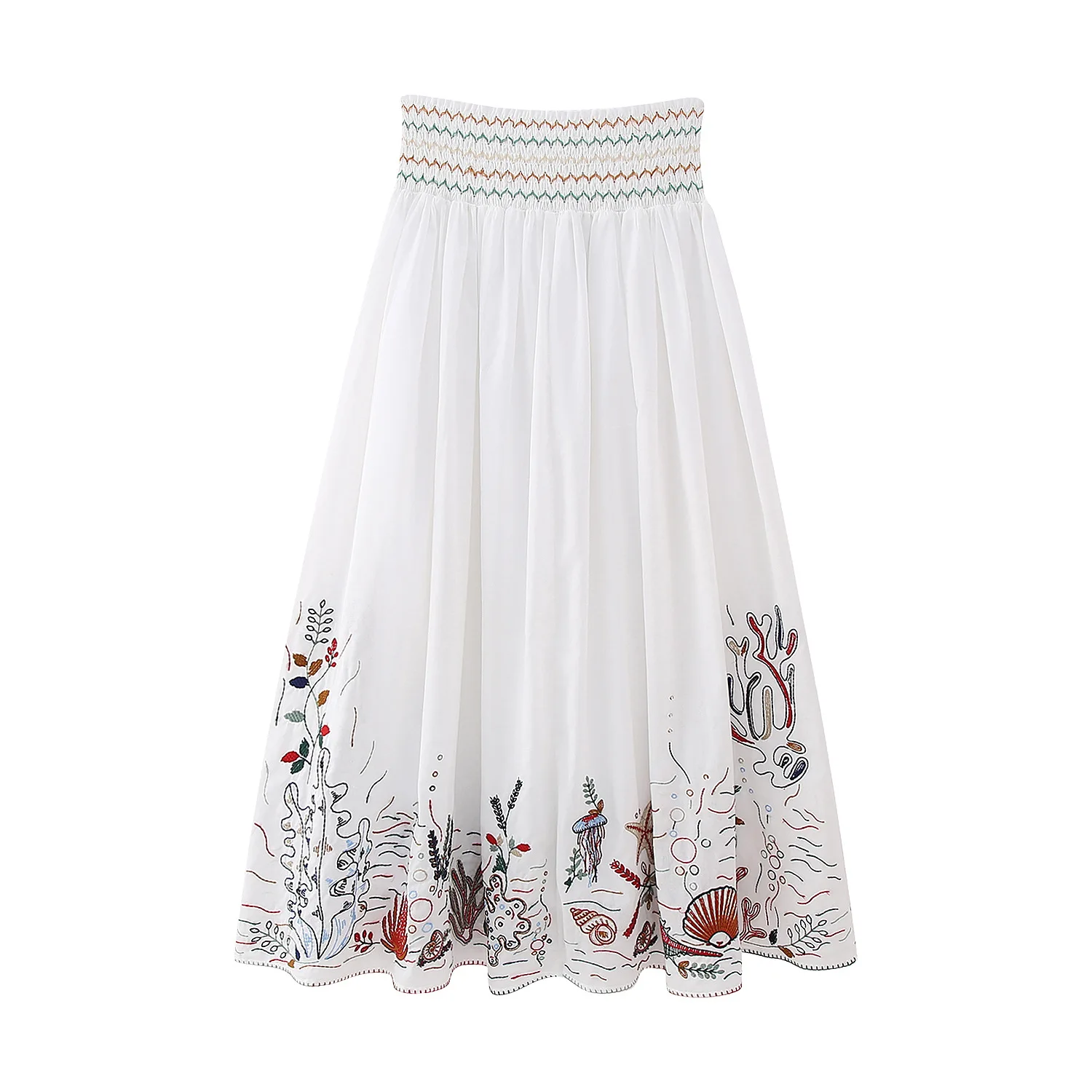 Marine Organism Embroidery Batwing Sleeve Summer Spring Maxi Skirt Set Cotton White Tassle Dress Set Outfits Button Suit