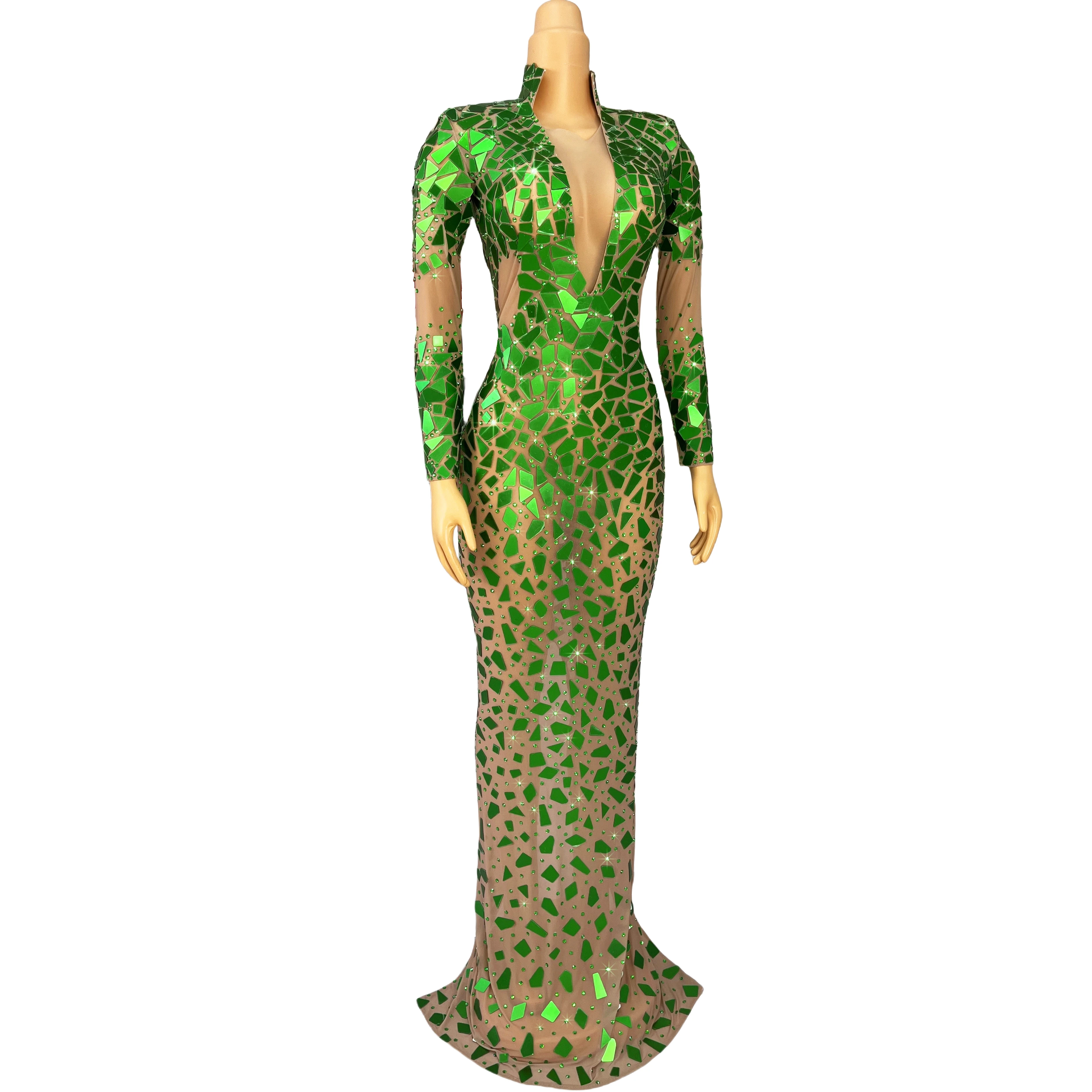 Shiny Green Mirrors Rhinestones High grade Gown Long Sleeves Mesh Dress Evening Prom Outfit Show Stage Perform Costume Feicuijia