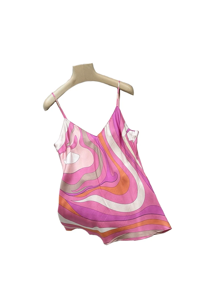 Summer Fashion Beach Resort Geometric Pattern Print Sexy Backless Silk Tops Women's Spaghetti Strap Sleeveless Slim Top