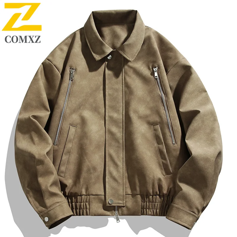 

COMXZ Leather Jacket Mens 2025 Casual Outdoor Sport Windproof Leather Coats Leisure Trendy Daily Style Autumn New Overcoat