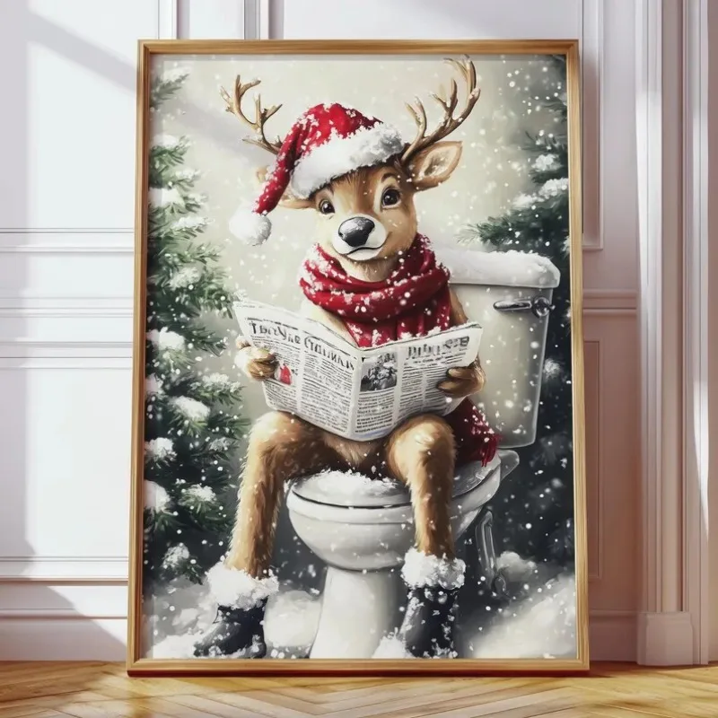 Rentier auf der Toilette, lustige Weihnachts-Wandkunst, Badezimmer-Wandkunst, Toiletten-Wandkunst, trendige Weihnachts-Wanddekoration zum Ausdrucken
