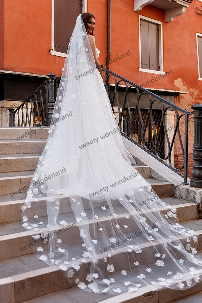 Vestido de novia de princesa con estampado Floral 3D, traje de novia de tul de hada con velo, blanco, escote Corazón, línea A