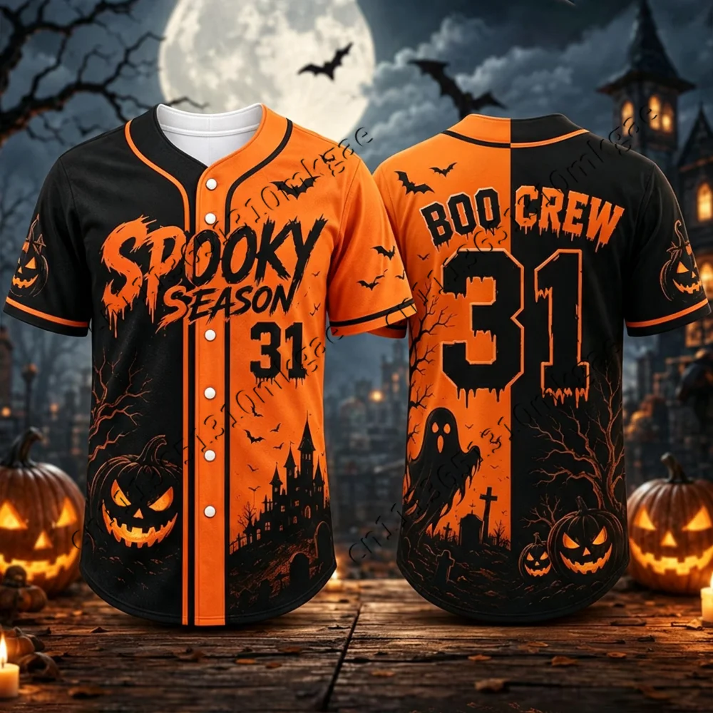 Halloween Spooky Season Baseball Jersey Boo Crew 31 Black Orange Split Button‑Up Men'Shirt Hip Hop Streetwear Kids Cosplay Tops