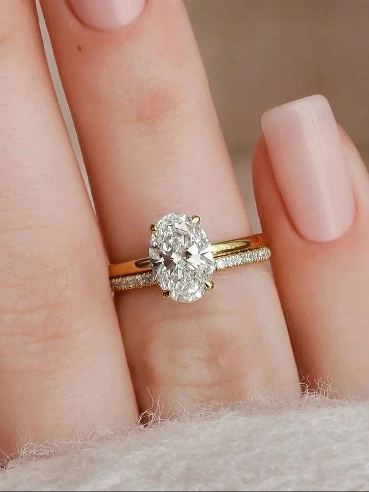 925 فضة فاخر الذهبي البيضاوي الزركون تكويم مجموعة خاتم للنساء المشاركة الزفاف موضة عالية الجودة غرامة مجوهرات #3