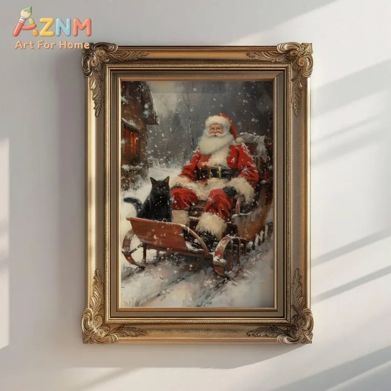 Vintage Santa Claus with Black Cat Canvas Wall Art Snowy Cabin Scene Festive Christmas Holiday Wall Print Unframed Canvas Poster